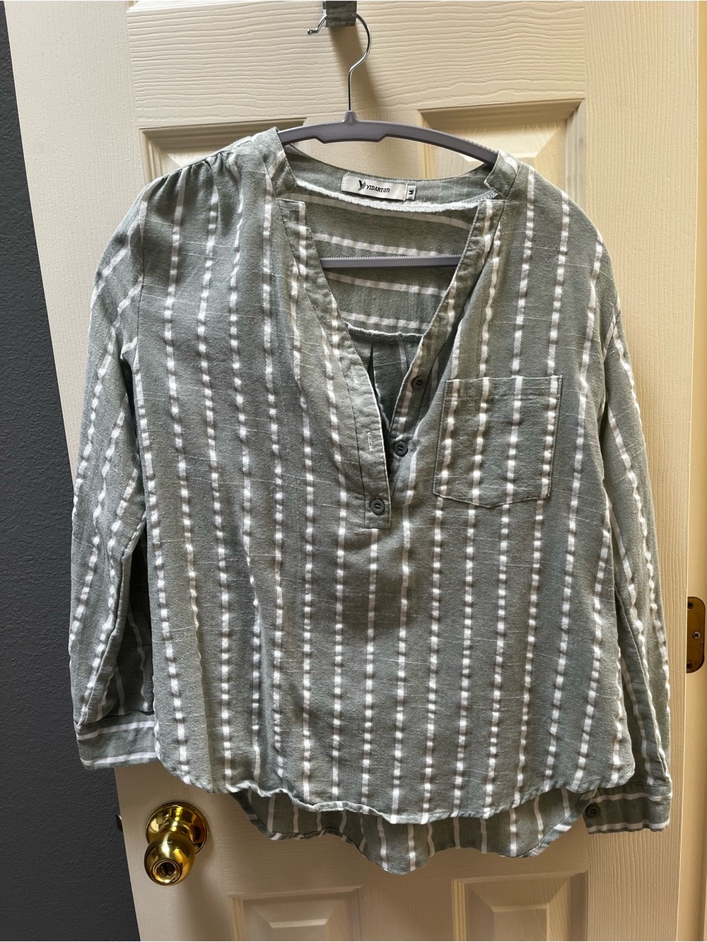Striped Split-Neck Long Sleeve Top — Sage Green